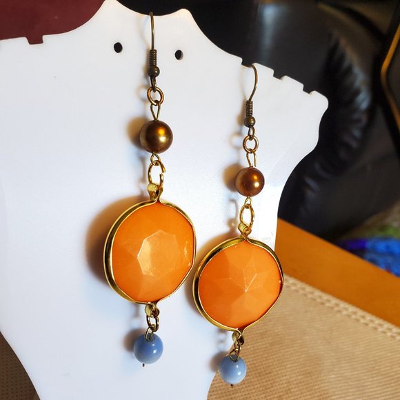 2.5" Bronze Hook Orange Disc Blue Bead Earrings